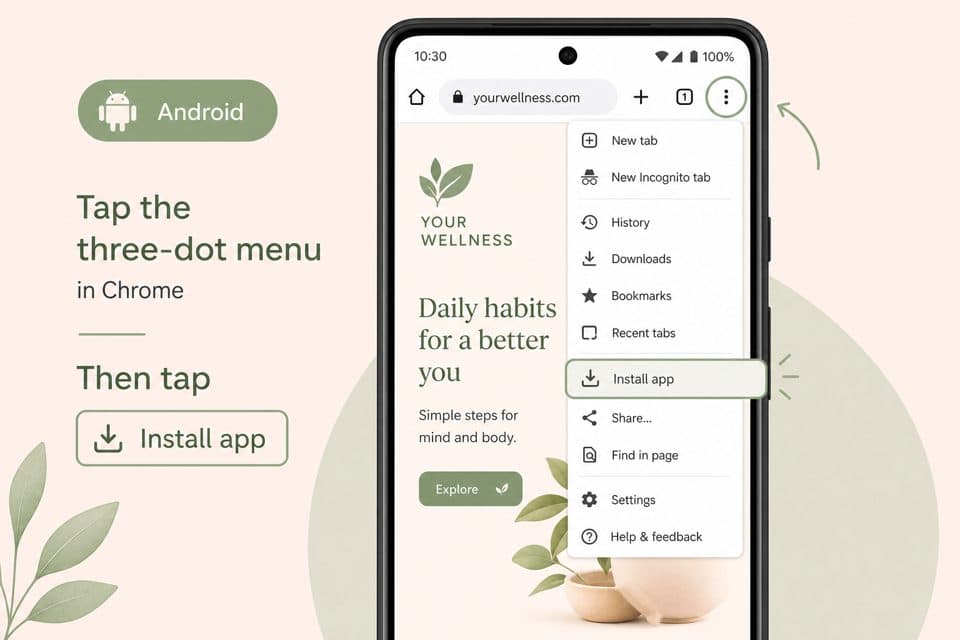 Android Chrome menu showing Install app